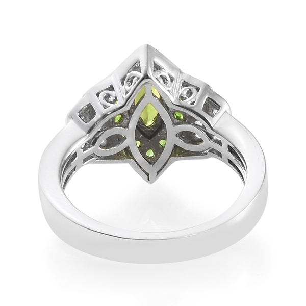 Chrome Diopside (Mrq), Natural Cambodian Zircon Ring in Platinum Overlay Sterling Silver 1.000 Ct.