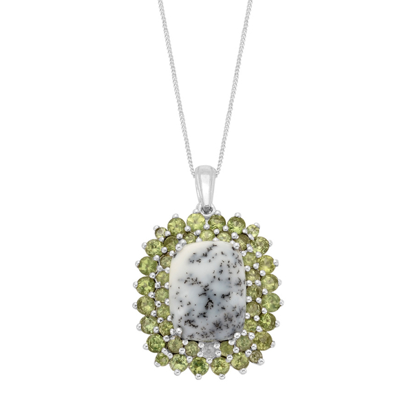 Dendritic Opal (Cush 5.75 Ct), Hebei Peridot Pendant With Chain in Platinum Overlay Sterling Silver 