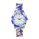 6 Piece Set - STRADA Japanese Movement White Dial Water Resistant Watch with Floral Pattern Strap and Five Blue Beads Stretchable Bracelet (Size 6.5-7)