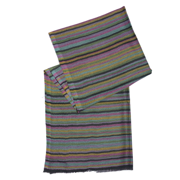 88% Merino Wool and 12% Silk Black, Purple and Multi Colour Stripe Pattern Shawl with Fringes at the Bottom (Size 180x70 Cm)