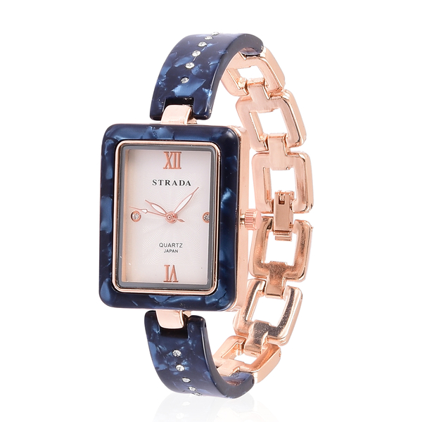 STRADA Japanese Movement White Austrian Crystal Studded Dial Watch in Rose Gold Tone with Blue Colou