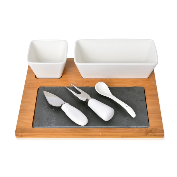 Kitchen Accessories - 2 Ceramic Bowl (Size 8.5X6 and 17X9X5.5 Cm), Spoon, Bamboo Tray (Size 27X22X1.