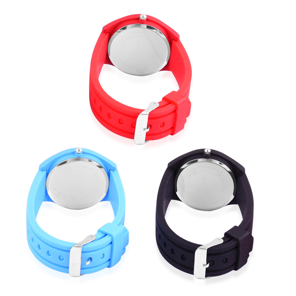 Set of 3 - STRADA Japanese Movement Red, Blue and Black Colour Watch in Silver Tone with Silicone Strap