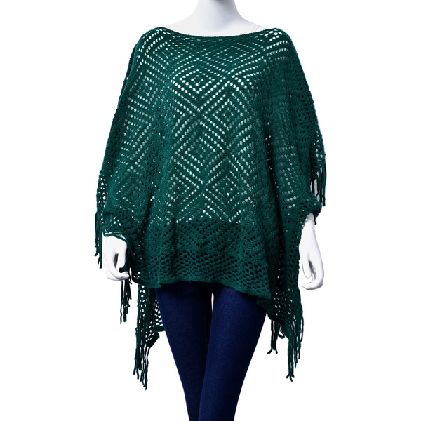 Diamond Pattern Green Colour Poncho with Tassels (Size 80x70 Cm)
