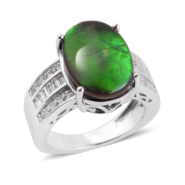 4.28 Ct AA Canadian Ammolite and White Topaz Solitaire Ring in Rhodium Plated Silver