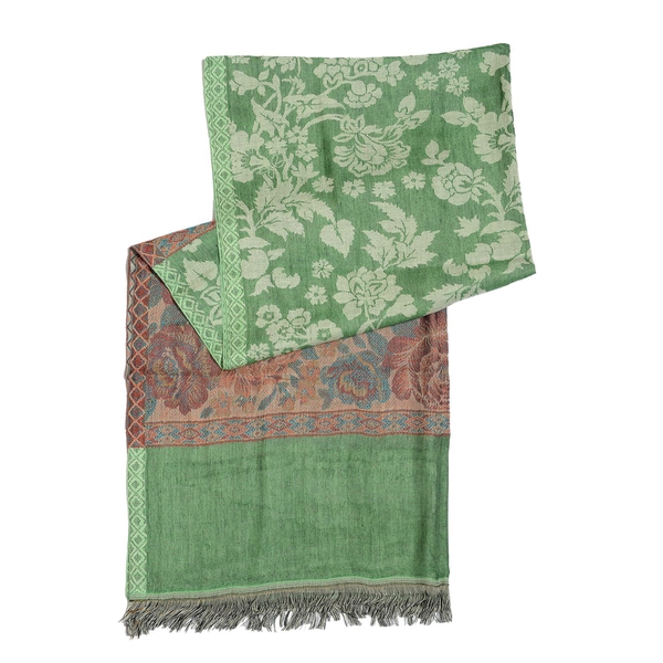 Green and Multi Colour Floral Pattern Scarf (Size 180x70 Cm)