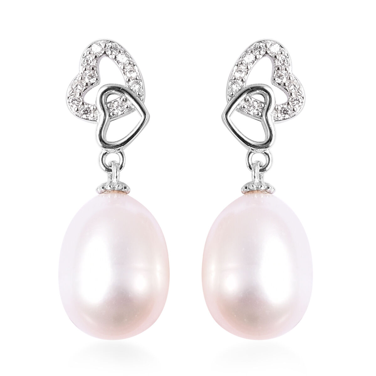 for Women 925 Sterling Silver Rhodium L-22 mm, W-6 mm Plated Diamond and Cultured Pearl Earrings