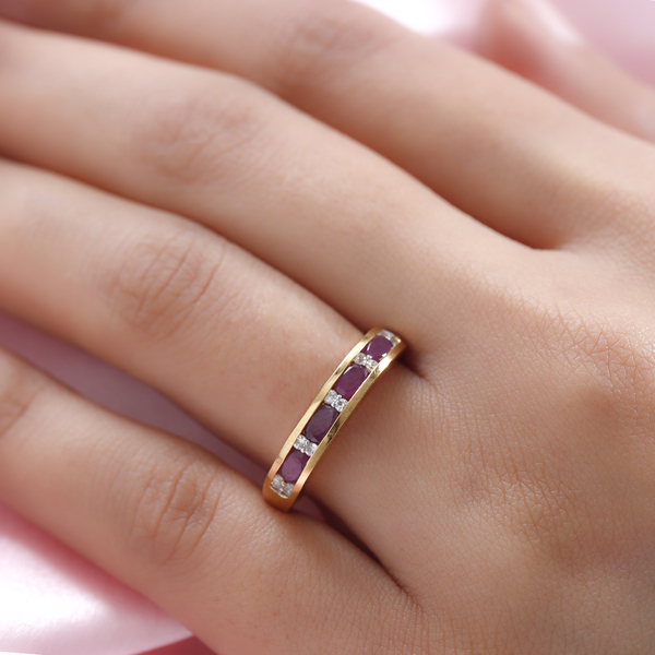 Natural Moroccan Ruby and Natural Cambodian Zircon Half Eternity Band Ring in 14K Gold Overlay Sterling Silver