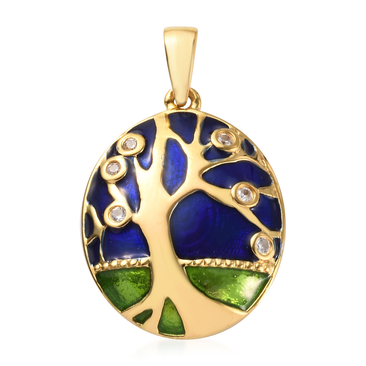 GP - Natural Cambodian Zircon & Blue Sapphire Enamelled Tree Pendant in 18K Vermeil Yellow Gold Plat
