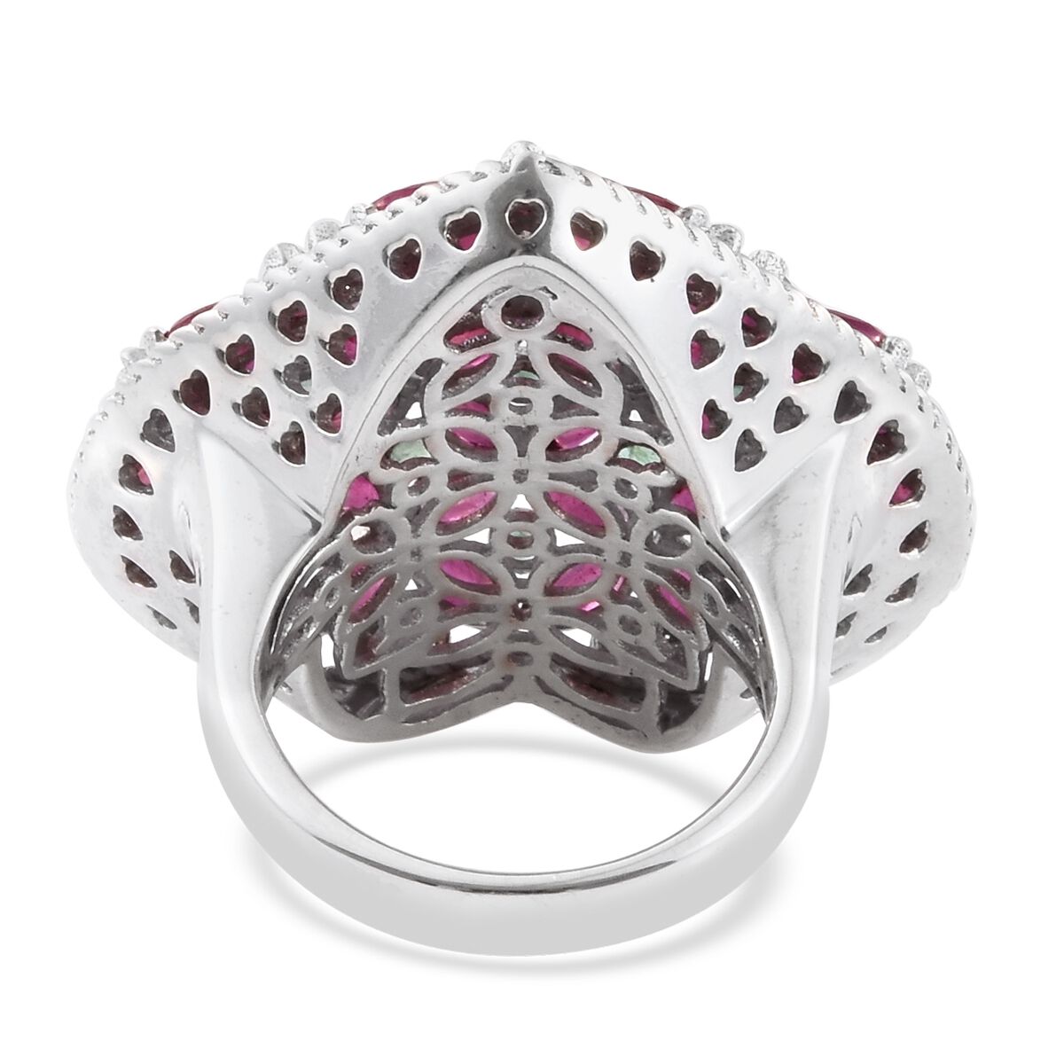 Designer Inspired -African Ruby (Mrq), Kagem Zambian Emerald Heart Ring in Platinum Overlay Sterling Silver 5.750 Ct. Silver wt 10.22 Gms.