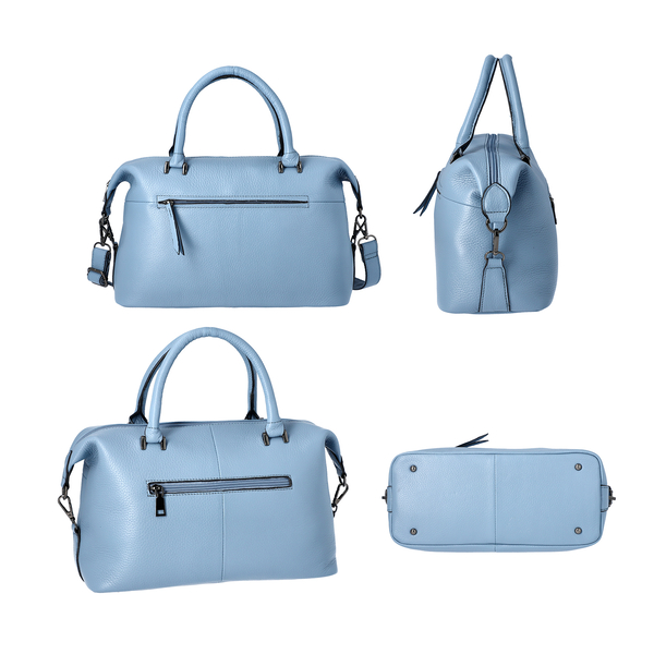 Super Soft 100% Genuine Leather Solid Light Blue Satchel Bag with Adjustable Shoulder Strap and Zipper Closure (32x14x23cm)