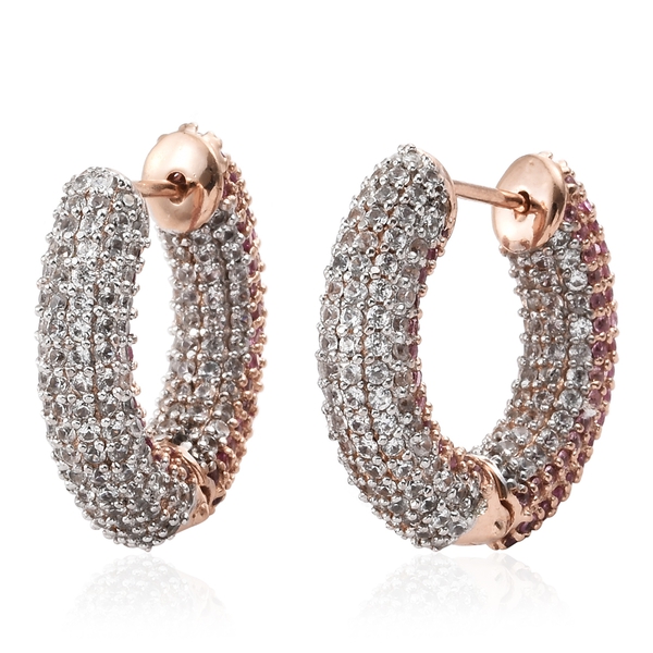 Designer Inspired - Pink Sapphire (Rnd), Natural Cambodian Zircon Hoop Earrings (with Clasp) in Rose Gold Overlay Sterling Silver 9.000 Ct. Silver wt.10.84 Gms. Number of Gemstone 600.
