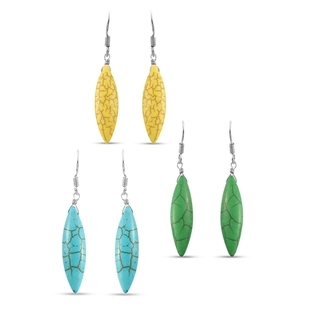 Set of 3 - Blue, Yellow and Green Howlite Fish Hook Earrings in Platinum Overlay Sterling Silver 54.