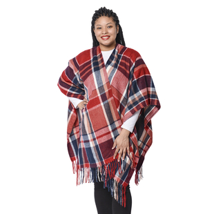 Plaid Pattern Kimono with Tassel Hem in Red and Navy (110x80 cm)