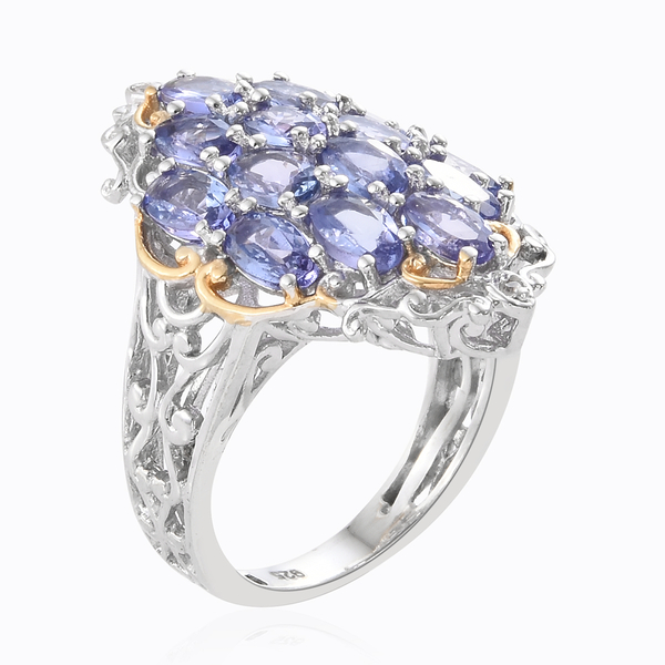 Tanzanite (Ovl), Natural Cambodian Zircon Cluster Ring in Platinum and Yellow Gold Overlay Sterling Silver 3.500 Ct., Silver wt 5.10 Gms.