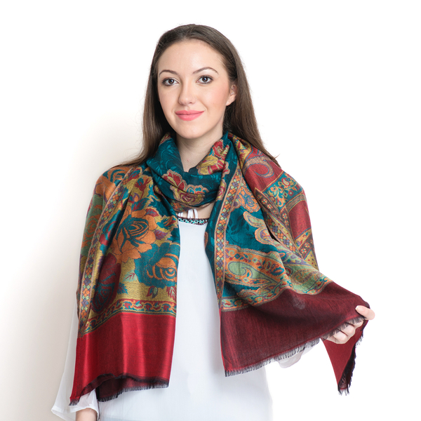 100% Superfine Modal Green, Red and Multi Colour Floral Pattern Jacquard Scarf (Size 190x70 Cm)