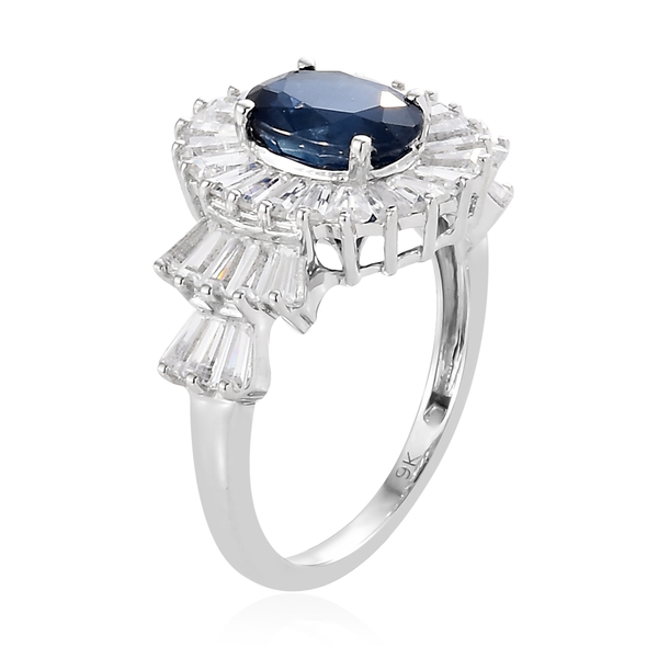 One Time Mega Deal-9K White Gold AAA Kanchanaburi Blue Sapphire (Ovl 1.33 Ct), Natural Cambodian Zircon Ring 4.230 Ct.