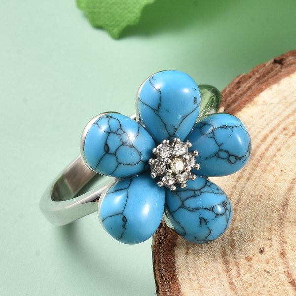 Blue Howlite and White Austrian Crystal Floral Ring in Stainless Steel