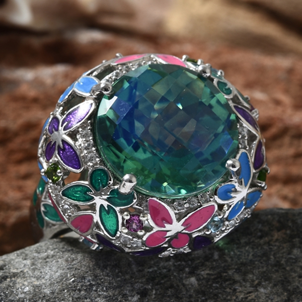 GP 15.25 Ct Peacock Quartz and Multi Gemstone Butterfly Cluster Ring in Platinum Plated Silver
