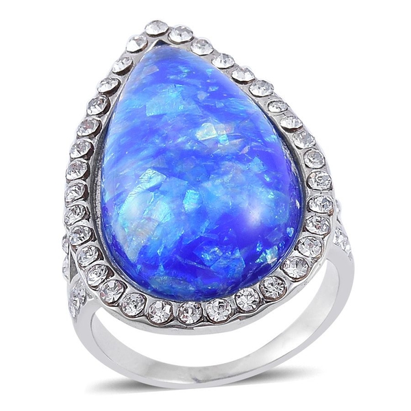 Simulated Blue Opal and White Austrian Crystal Ring in Stainless Steel