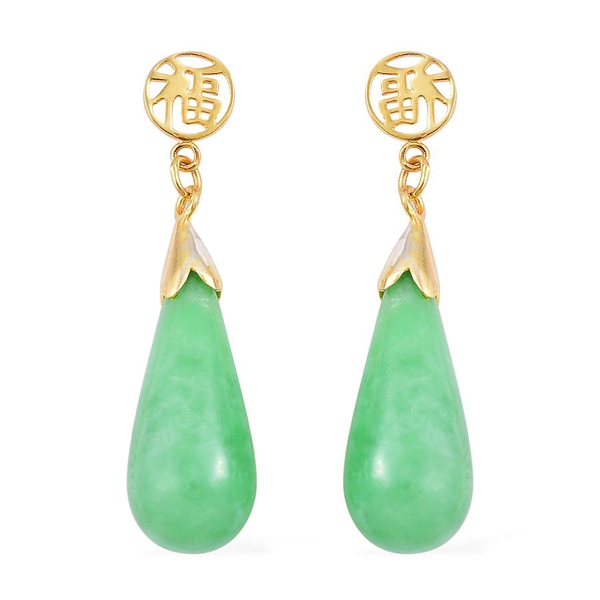 Green Jade Chinese Character FU (Happiness) Drop Earrings (with Push Back) in Yellow Gold Overlay St