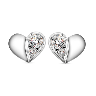 Moissanite Heart Stud Earrings (with Push Back) in Platinum Overlay Sterling Silver