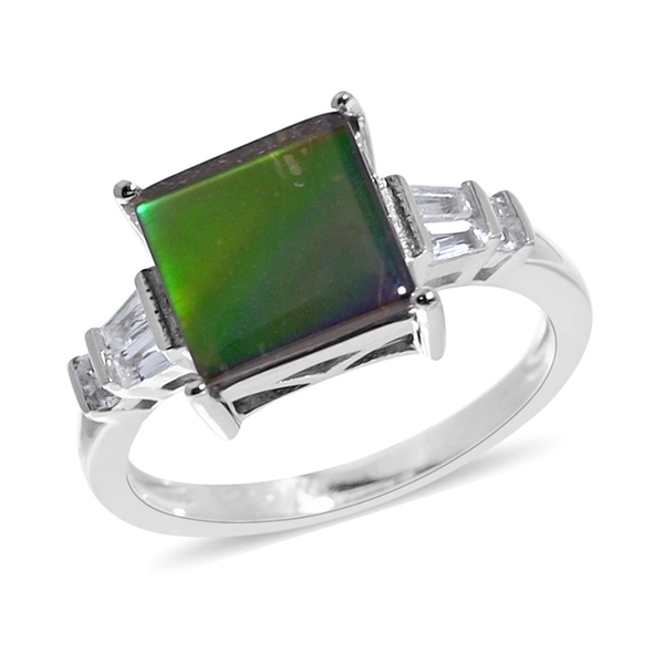 3.58 Ct AA Canadian Ammolite and White Topaz Solitaire Design Ring in Rhodium Plated Silver