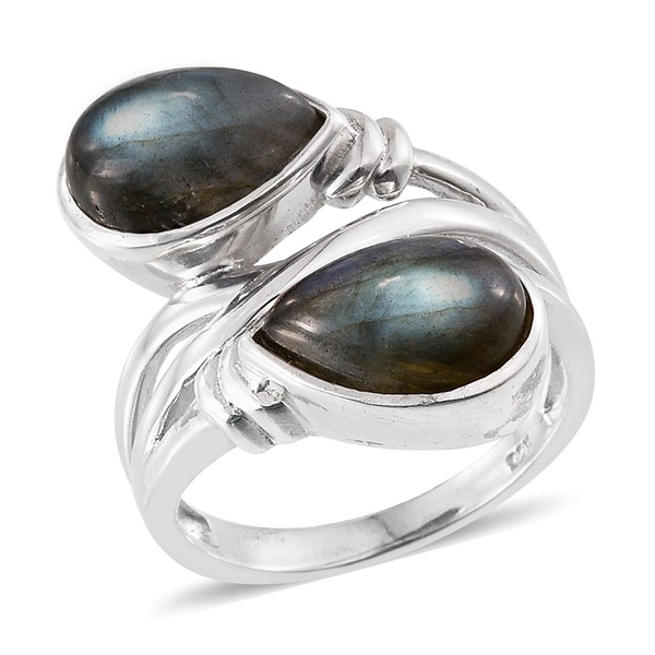 Labradorite (Pear) Crossover Ring in Platinum Overlay Sterling Silver 7.000 Ct.