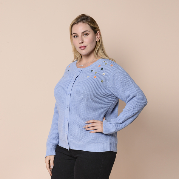 LA MAREY Light Blue Knit Cardigan with Multi Colour Floral Embroidery (Size XL, 20-22)