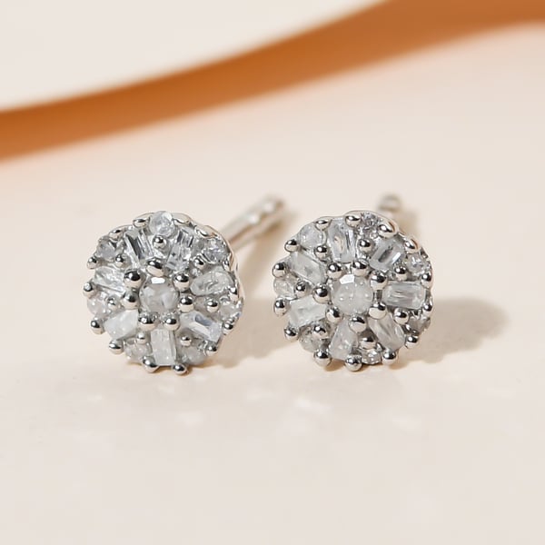 Diamond Cluster Earrings (with Push Back) in Platinum Overlay Sterling Silver 0.150 Ct
