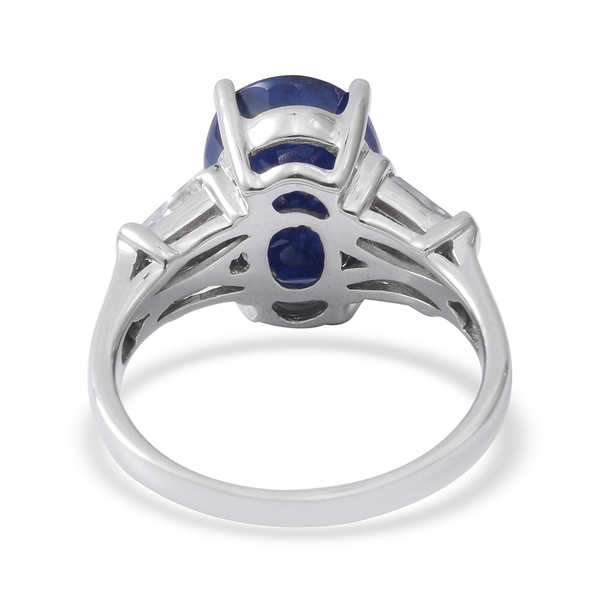 Extremely Rare Size Madagascar Blue Sapphire (Ovl 14x10 mm), Natural Cambodian White Zircon Ring in Rhodium Overlay Sterling Silver 9.690 Ct