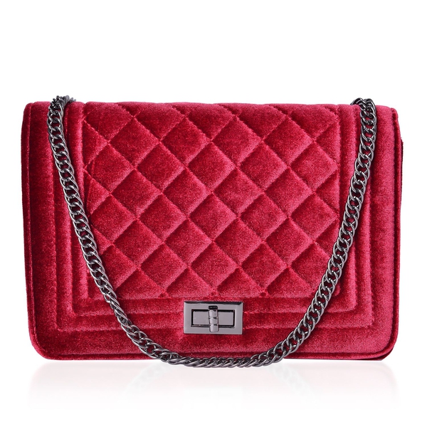Designer Inspired - Winter Berry Colour Diamond Pattern Velvet Crossbody Bag with Chain Strap (Size 