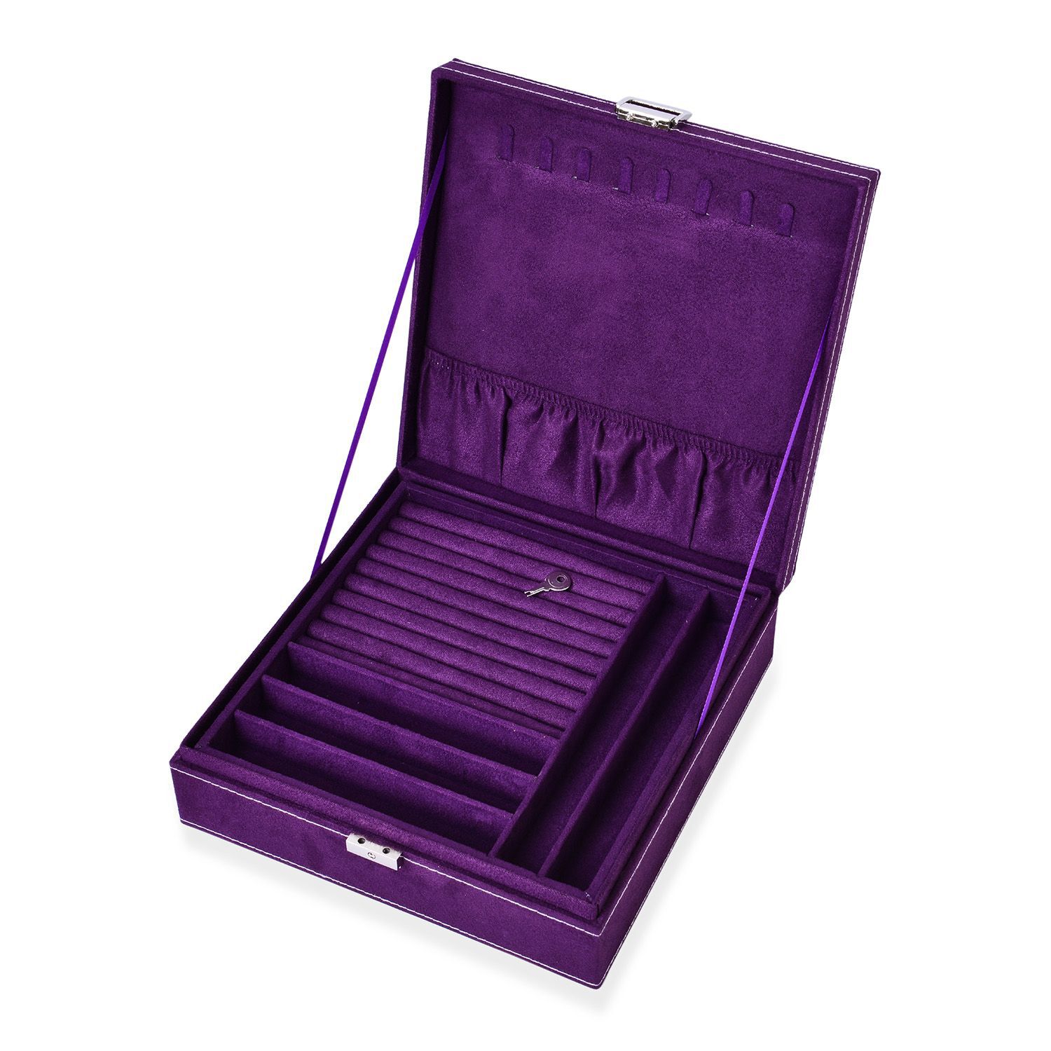 Purple Velvet -  2 Tier Jewelry Box , Removable Ring tray (store  70-80 rings, 2 Bracelet and 2 Anklet Slots) , 8 Necklace Hooks and 9 Sections Multi Storage with Lock and Key (Size 26x26x9 Cm)