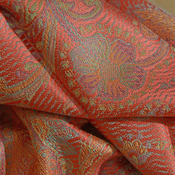 SILK MARK - 100% Superfine Silk Red and Multi Colour Jacquard Scarf with Fringes (Size 180x70 Cm) (Weight 125 - 140 Grams)