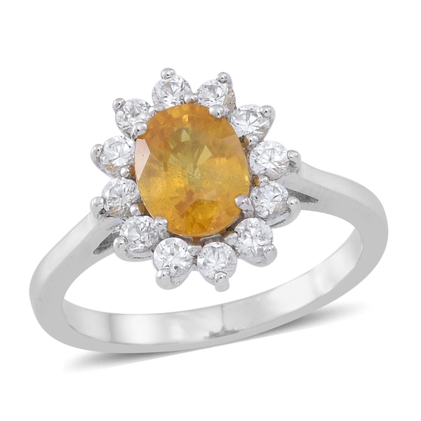 Yellow Sapphire (Ovl 1.75 Ct), Natural White Cambodian Zircon Ring in Rhodium Plated Sterling Silver
