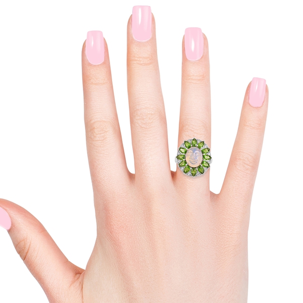 Smiling Face Carved Ethiopian Opal (Ovl 2.25 Ct), Chrome Diopside and Natural White Cambodian Zircon Ring in Rhodium Plated Sterling Silver 4.950 Ct.