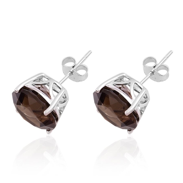 Brazilian Smoky Quartz (Rnd) Stud Earrings (with Push Back) in Rhodium Plated Sterling Silver 9.450 Ct.