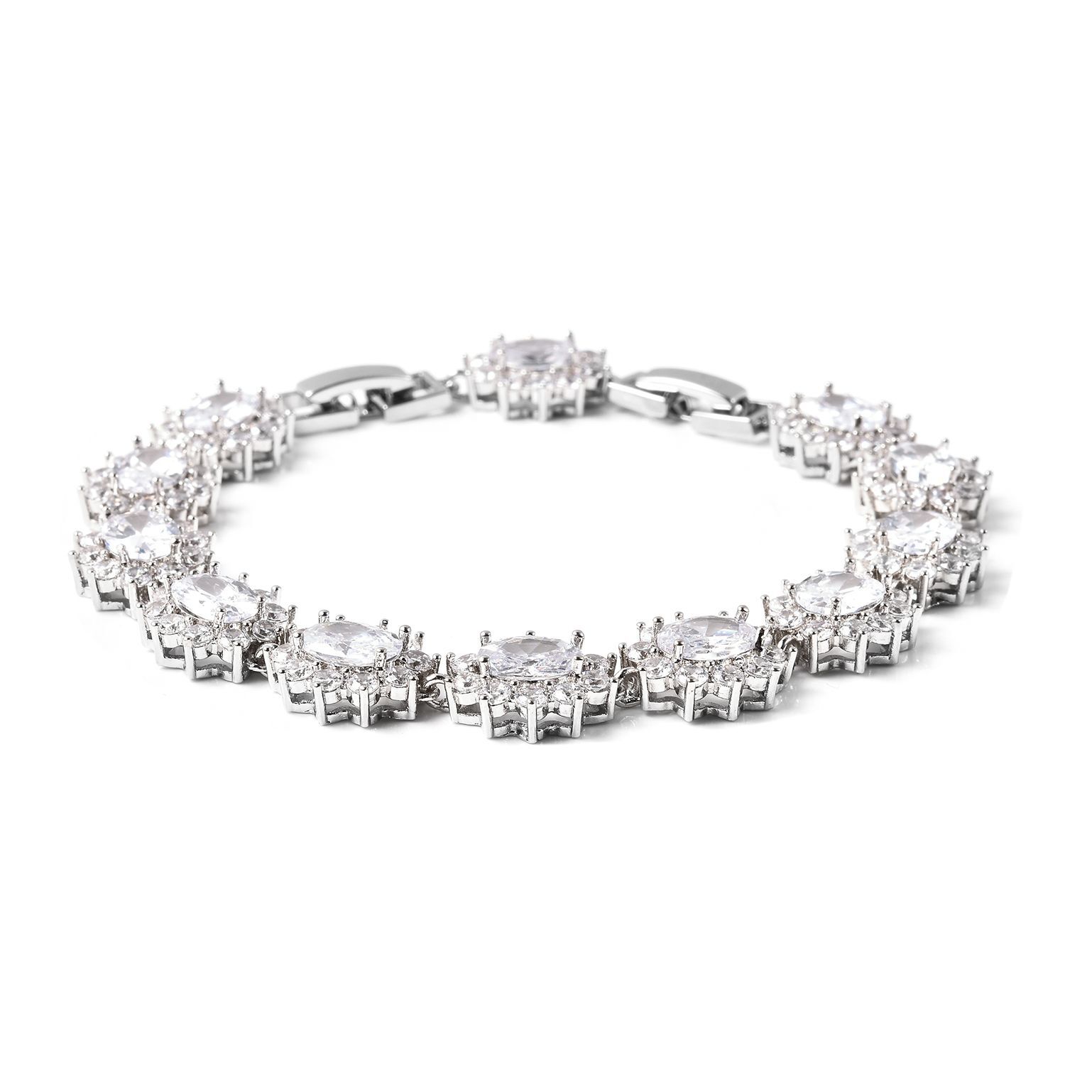 4 Piece Set -  Simulated Diamond Ring, Necklace (Size 20 with 2 inch Ext.), Barcelet (Size 8 with Extra Clasp) and Earrings (with Clasp) in Silver Tone