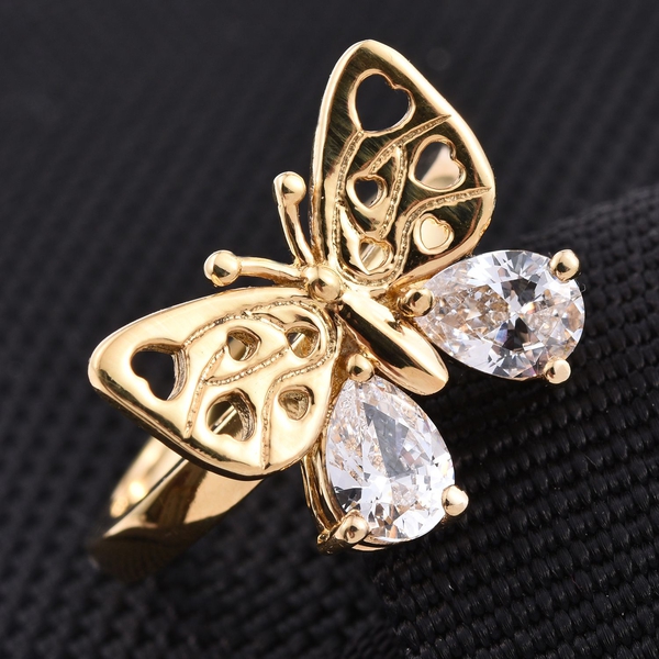 Lustro Stella - 14K Gold Overlay Sterling Silver (Pear) Butterfly Ring Made with Finest CZ