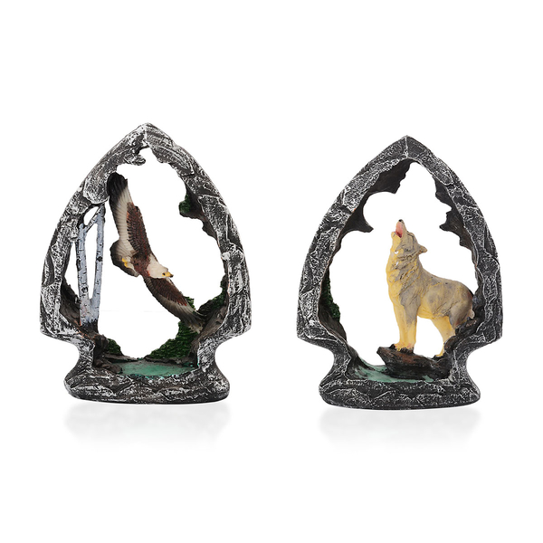 Set of 2 - Home Decor White, Brown Eagle and Yellow, Grey Wolf with Resin