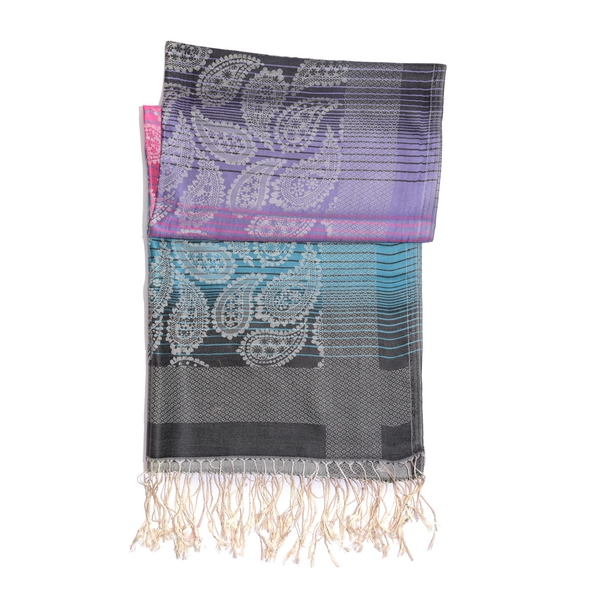 100% Superfine Silk Green, Pink, Purple and Black Colour Paisley Pattern Jacquard Jamawar Shawl with Fringes (Size 175x70 Cm)  (Weight 125 to140 Grams)