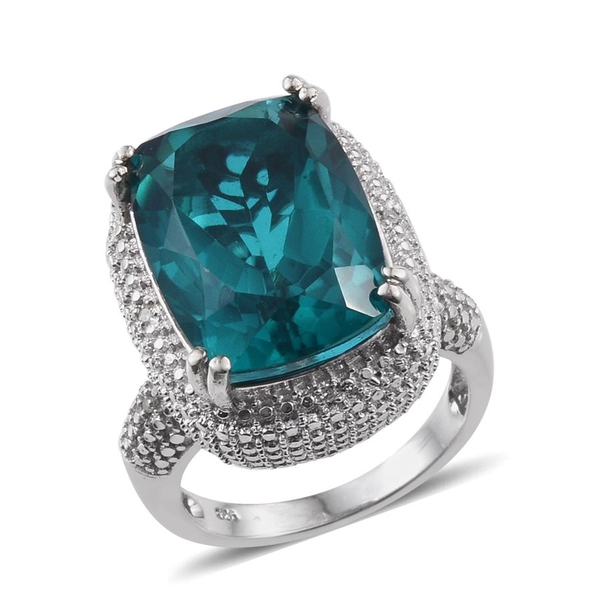 Capri Blue Quartz (Cush 14.00 Ct), Diamond Ring in Platinum Overlay Sterling Silver 14.030 Ct.