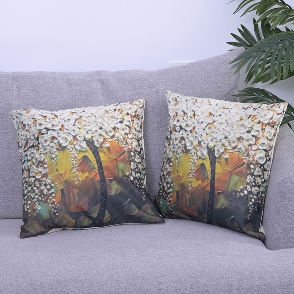 Set of 2 - Floral Tree Pattern Cushion Covers (Size 45 Cm) - Cream & Multi