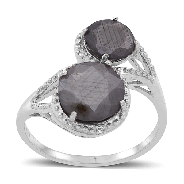 Natural Silver Sapphire (Rnd 3.25 Ct), White Topaz Ring in Rhodium Plated Sterling Silver 4.280 Ct.