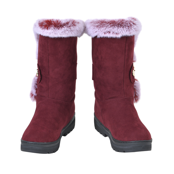 Faux Fur Winter Boots with Buckle - Burgundy