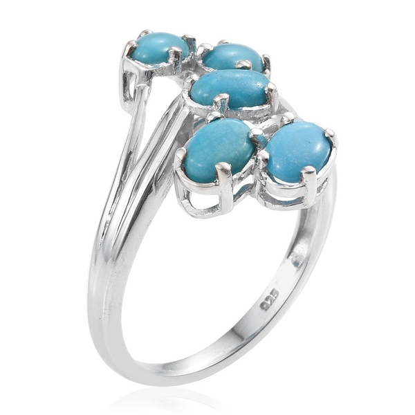 Kingman Turquoise (Ovl) 5 Stone Crossover Ring in Platinum Overlay Sterling Silver 2.000 Ct.