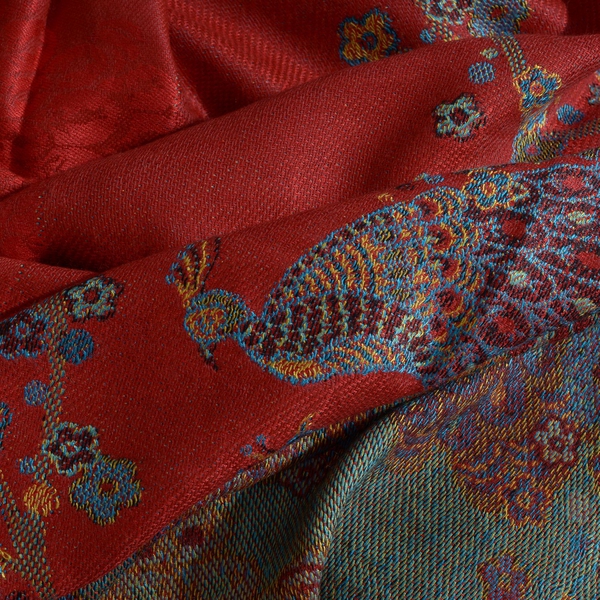 Red, Orange and Multi Colour Peacock Pattern Jacquard Scarf with Tassels (Size 180X70 Cm)