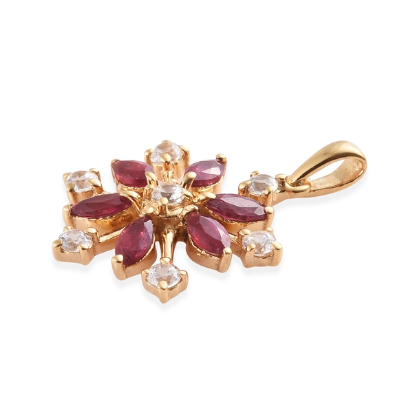 AA African Ruby (Mrq), Natural Cambodian Zircon Snowflake Pendant in 14K Gold Overlay Sterling Silver 1.750 Ct.