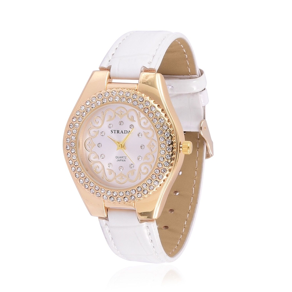 STRADA Japanese Movement White Austrian Crystal Studded White Dial Water Resistant Watch in Gold Ton