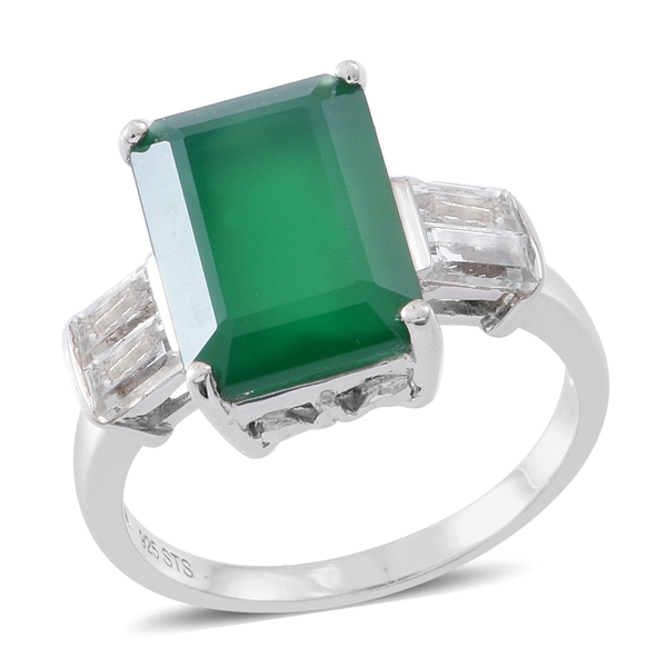 Verde Onyx (Oct 7.00 Ct), White Topaz Ring in Rhodium Plated Sterling Silver 7.500 Ct.